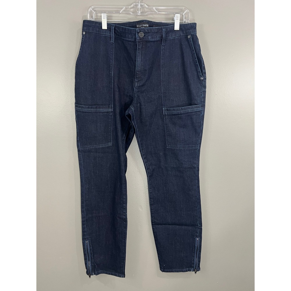 Susan Graver Jeans Slim Pants Women 14 Blue Great Indigo Ankle Zip Cargo Denim